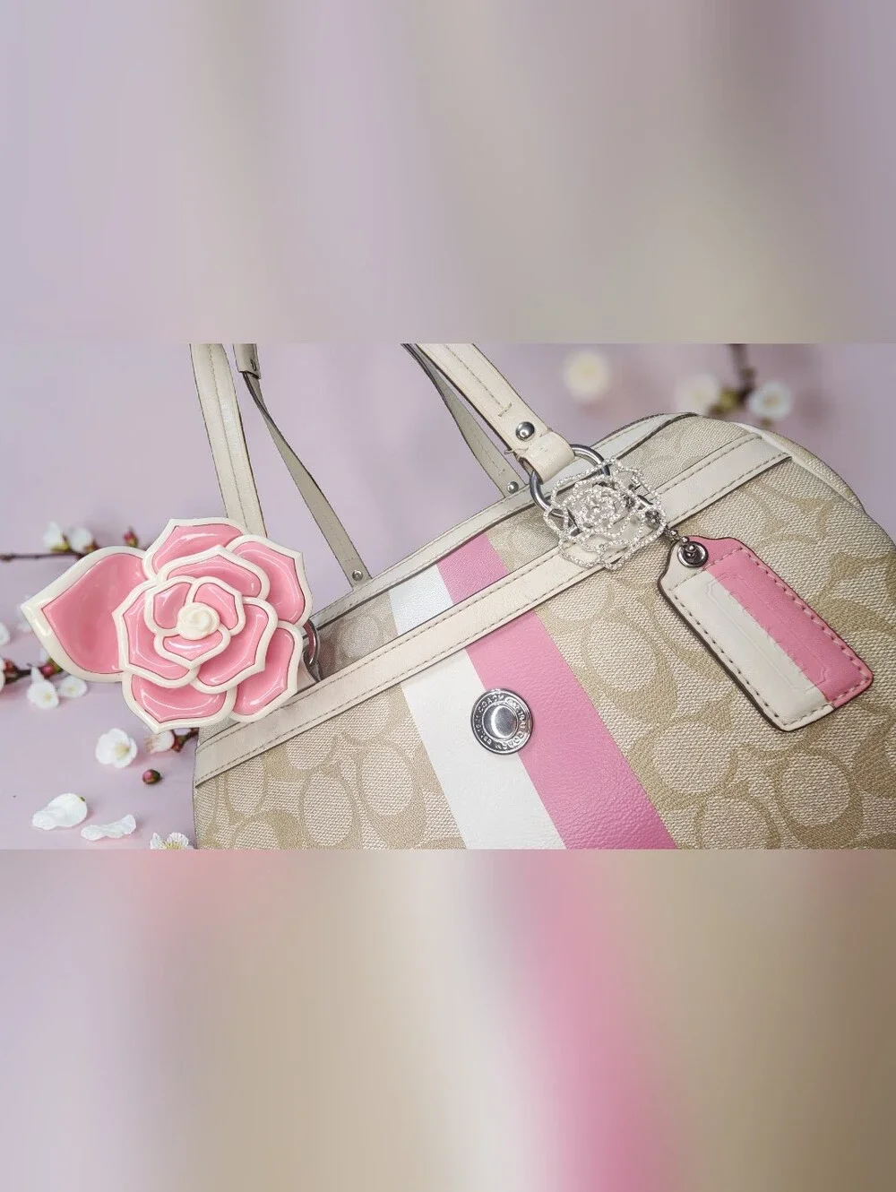 Coach Beige Signature Satchel with Pink and White Stripes